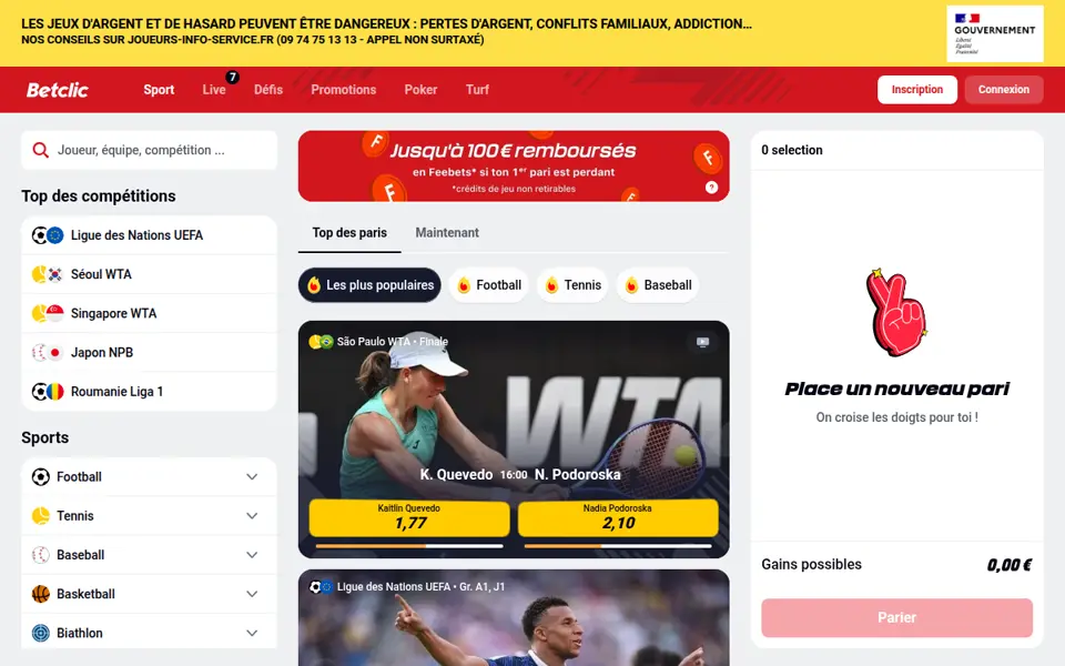 Page d'accueil de Betclic, opérateur agréé ANJ pour les paris sportifs, hippiques et le poker